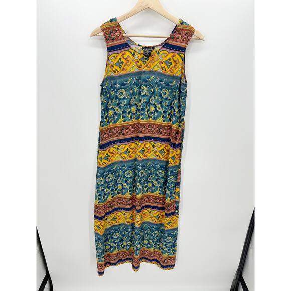 Gabrielle 90s Maxi Dress Sleeveless Tie Scoop Neck Artsy Colorful Rayon Medium - Picture 1 of 6